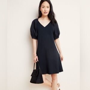 Maeve Anthropologie Annika Knit Black Puffy Sleeve V-Neck Dress Size Medium